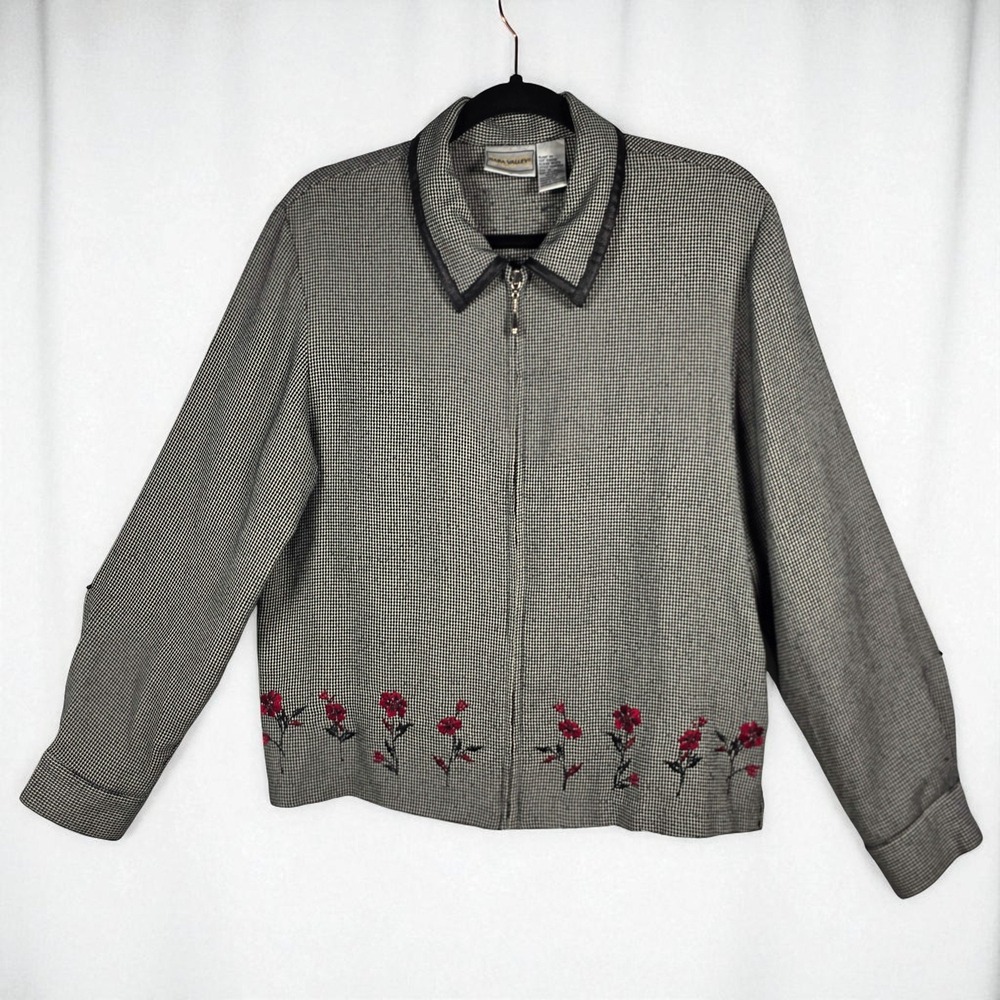 VTG Napa Valley Houndstooth Jacket Floral Embroidered Full Zip Up Woman Medium